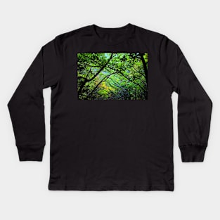 Scenery from Eremo di Soffiano near Sarnano in the Sibillini Mountains with trees, foliage, trunks Kids Long Sleeve T-Shirt